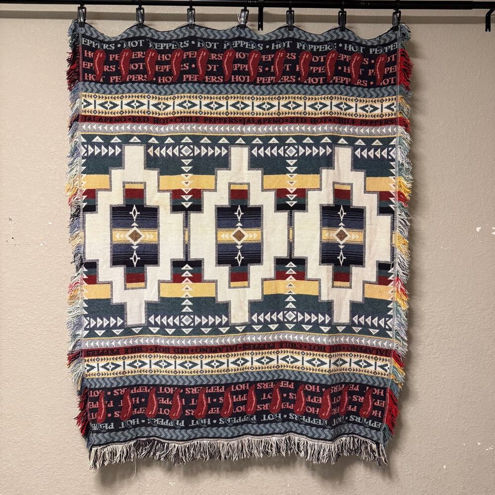 Vtg 90s San Marcos Mexican woven cotton throw blanket - fringe western country